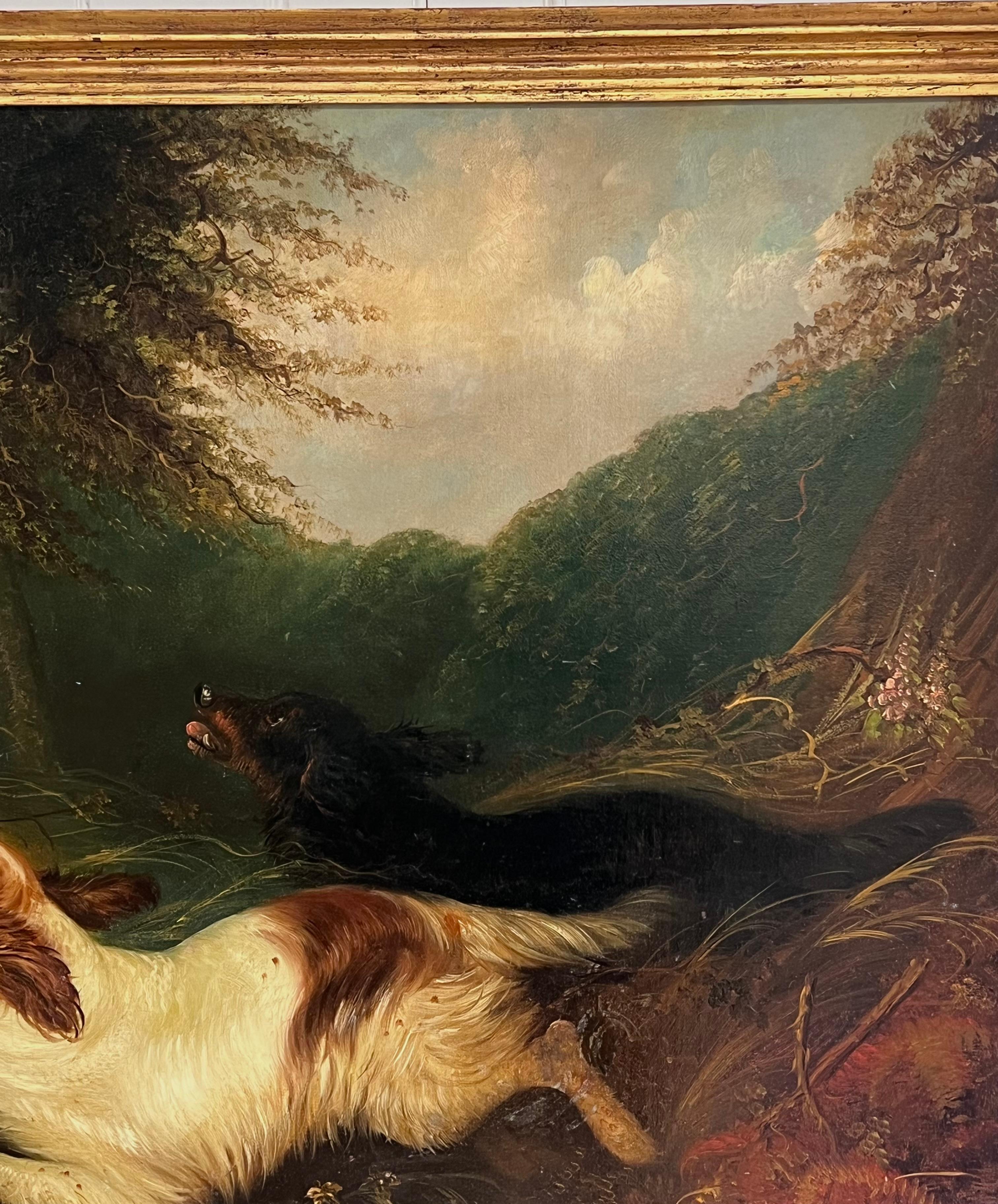Huge Victorian Sporting Art Oil Painting Spaniels Chasing Pheasant in Woodland For Sale 9