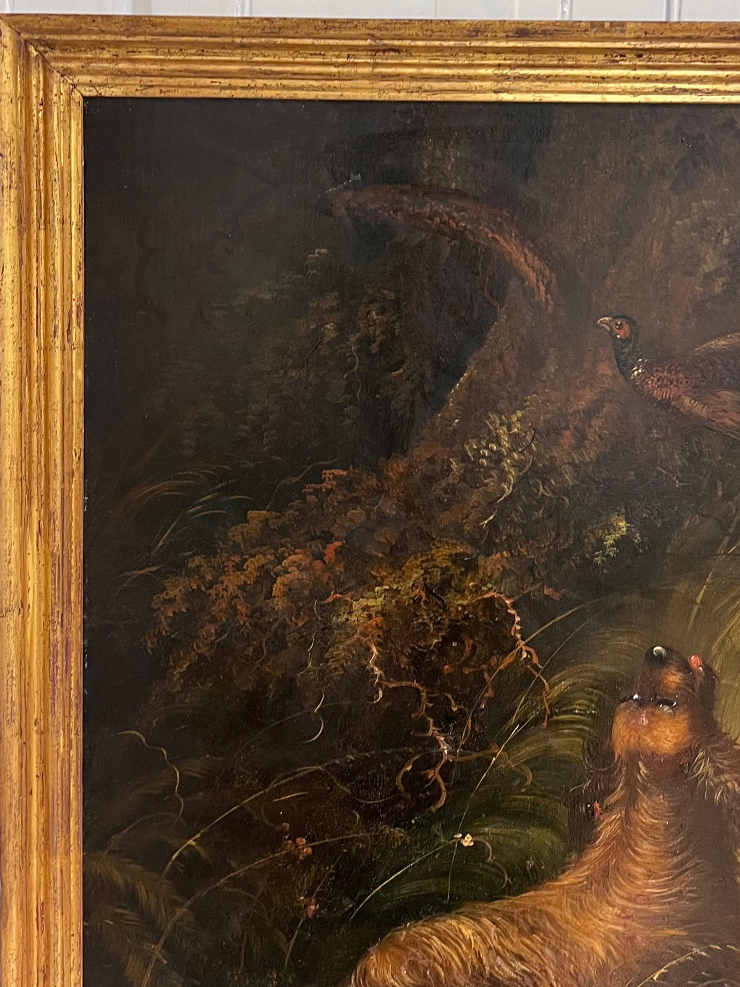 Huge Victorian Sporting Art Oil Painting Spaniels Chasing Pheasant in Woodland For Sale 10