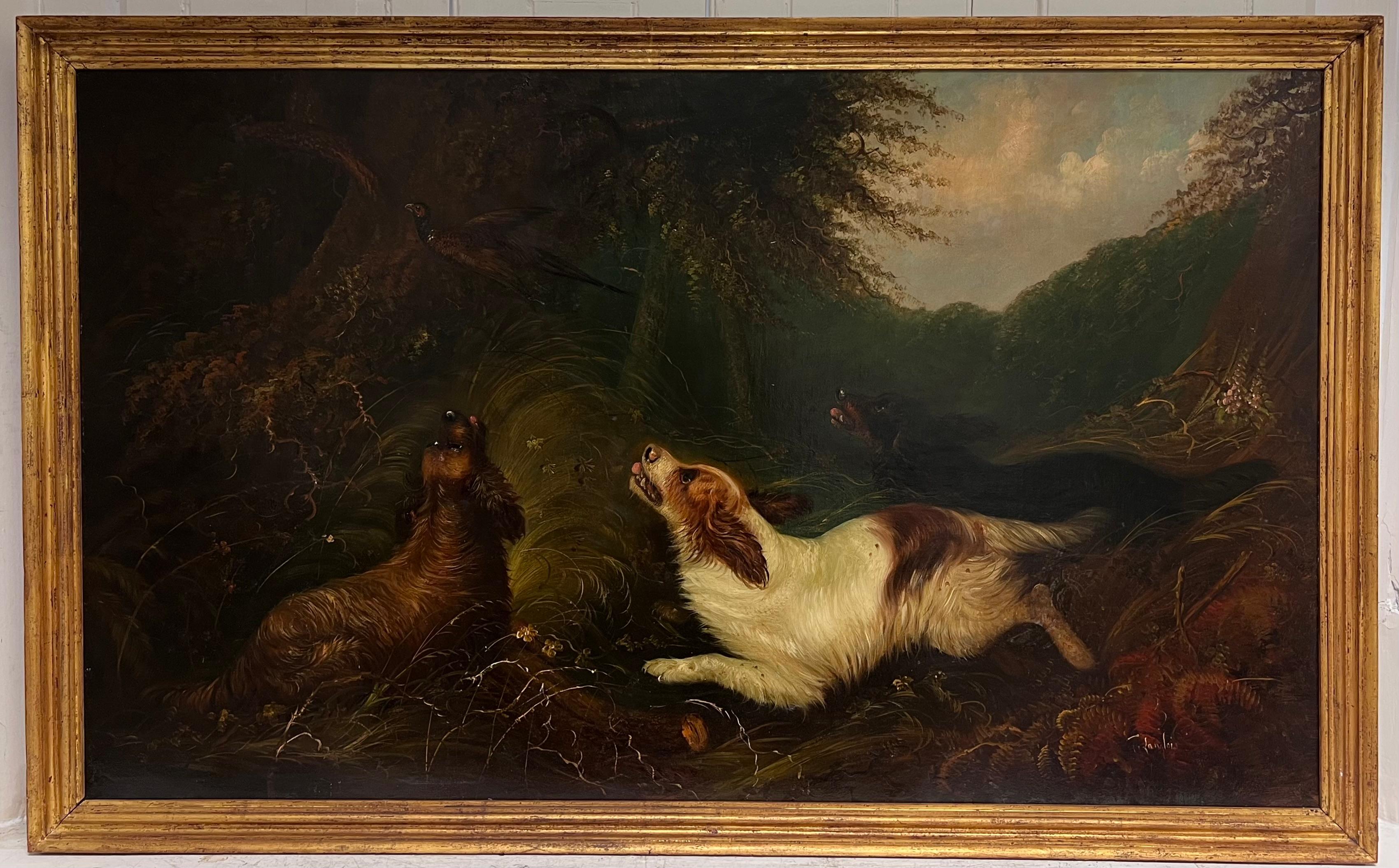 Huge Victorian Sporting Art Oil Painting Spaniels Chasing Pheasant in Woodland - Black Animal Painting by J. Langlois