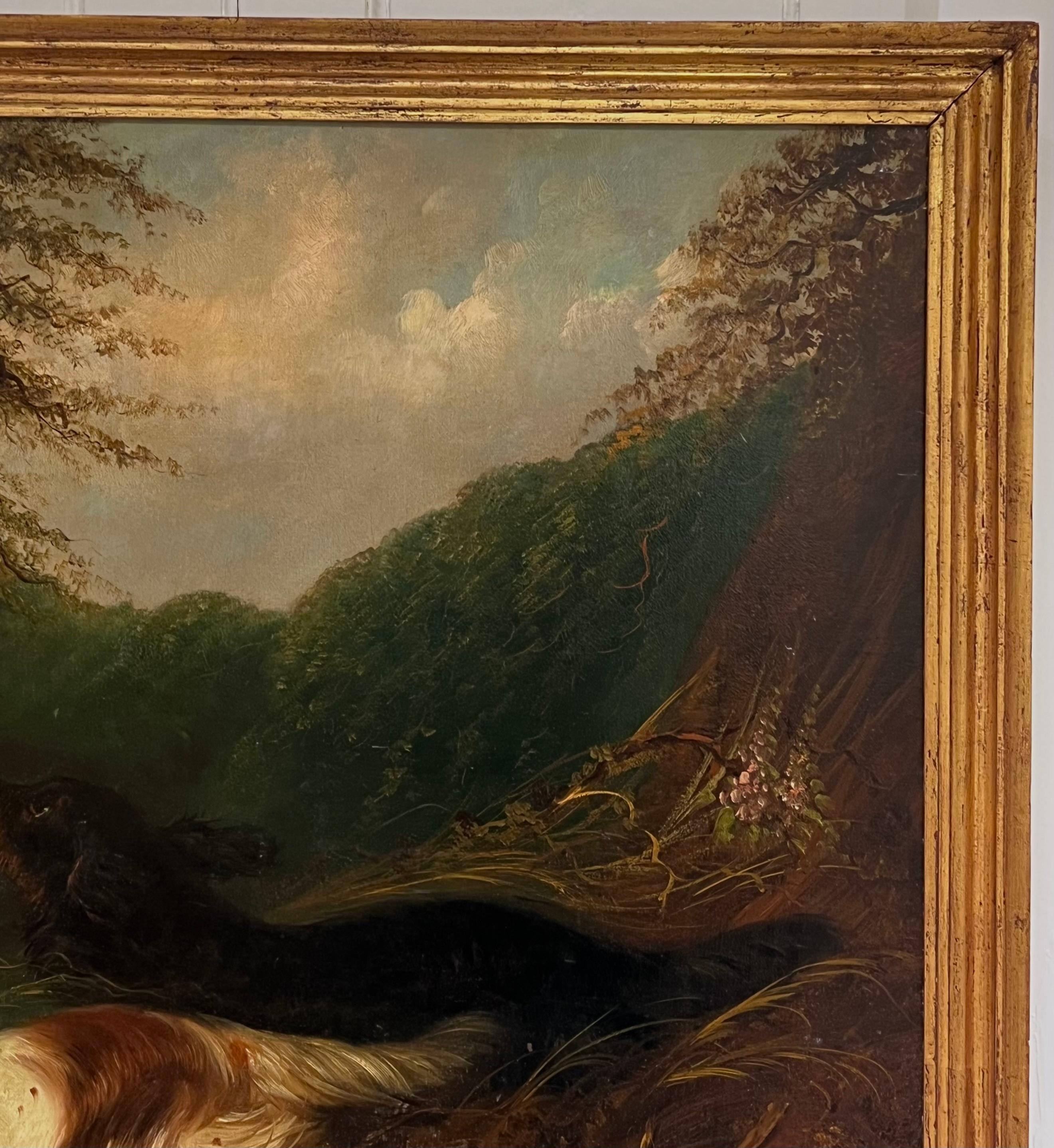 Huge Victorian Sporting Art Oil Painting Spaniels Chasing Pheasant in Woodland For Sale 1
