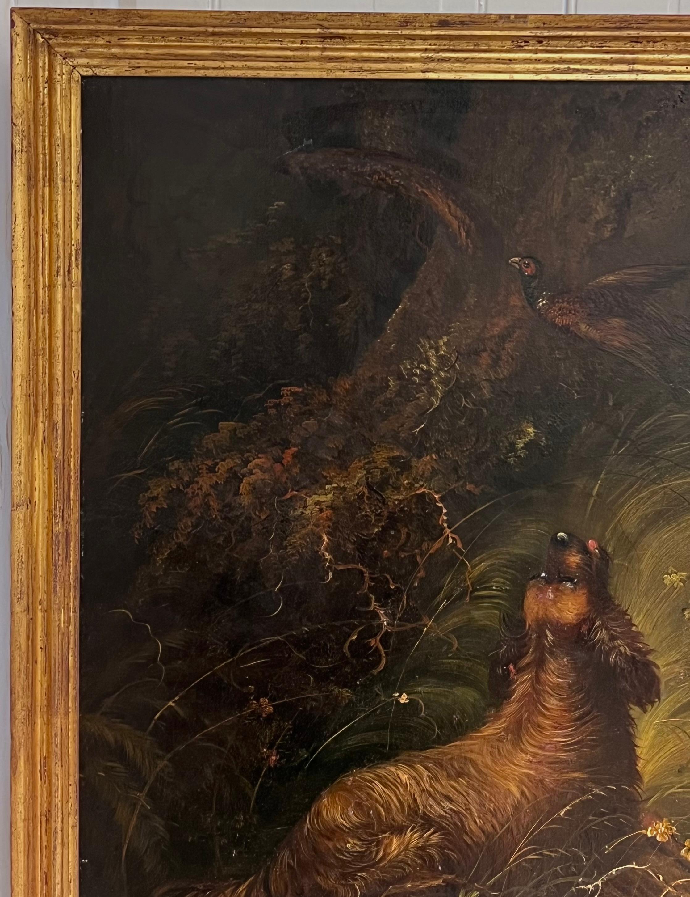 Huge Victorian Sporting Art Oil Painting Spaniels Chasing Pheasant in Woodland For Sale 2