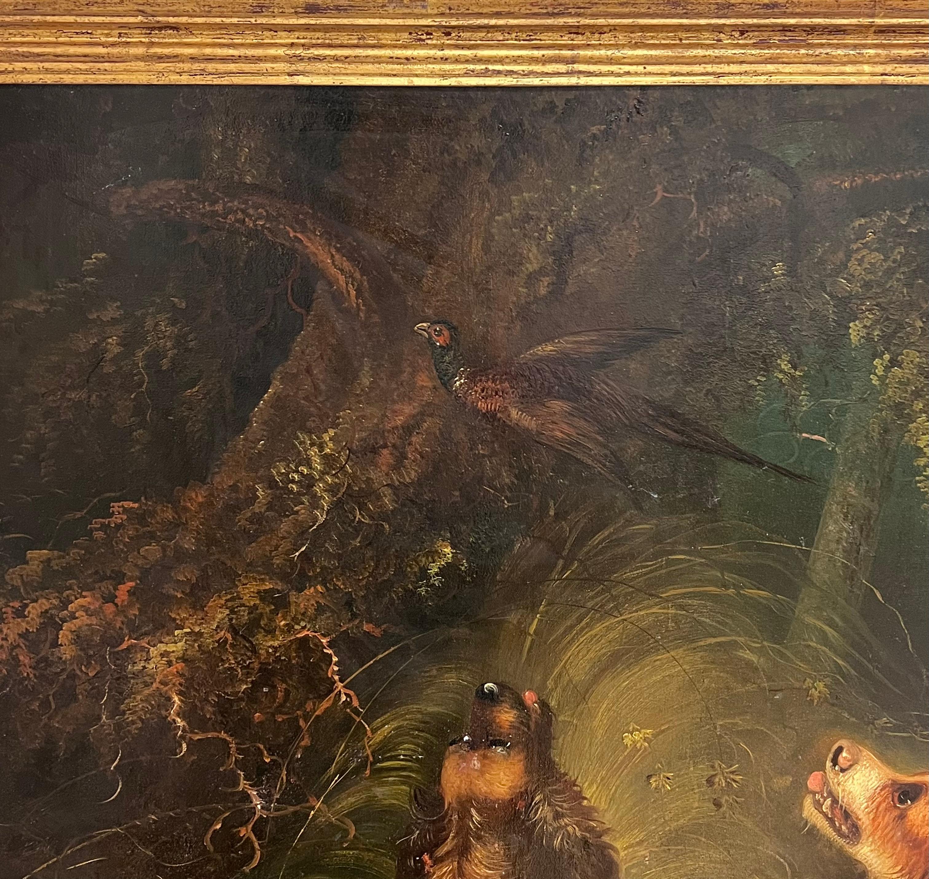 Huge Victorian Sporting Art Oil Painting Spaniels Chasing Pheasant in Woodland For Sale 4