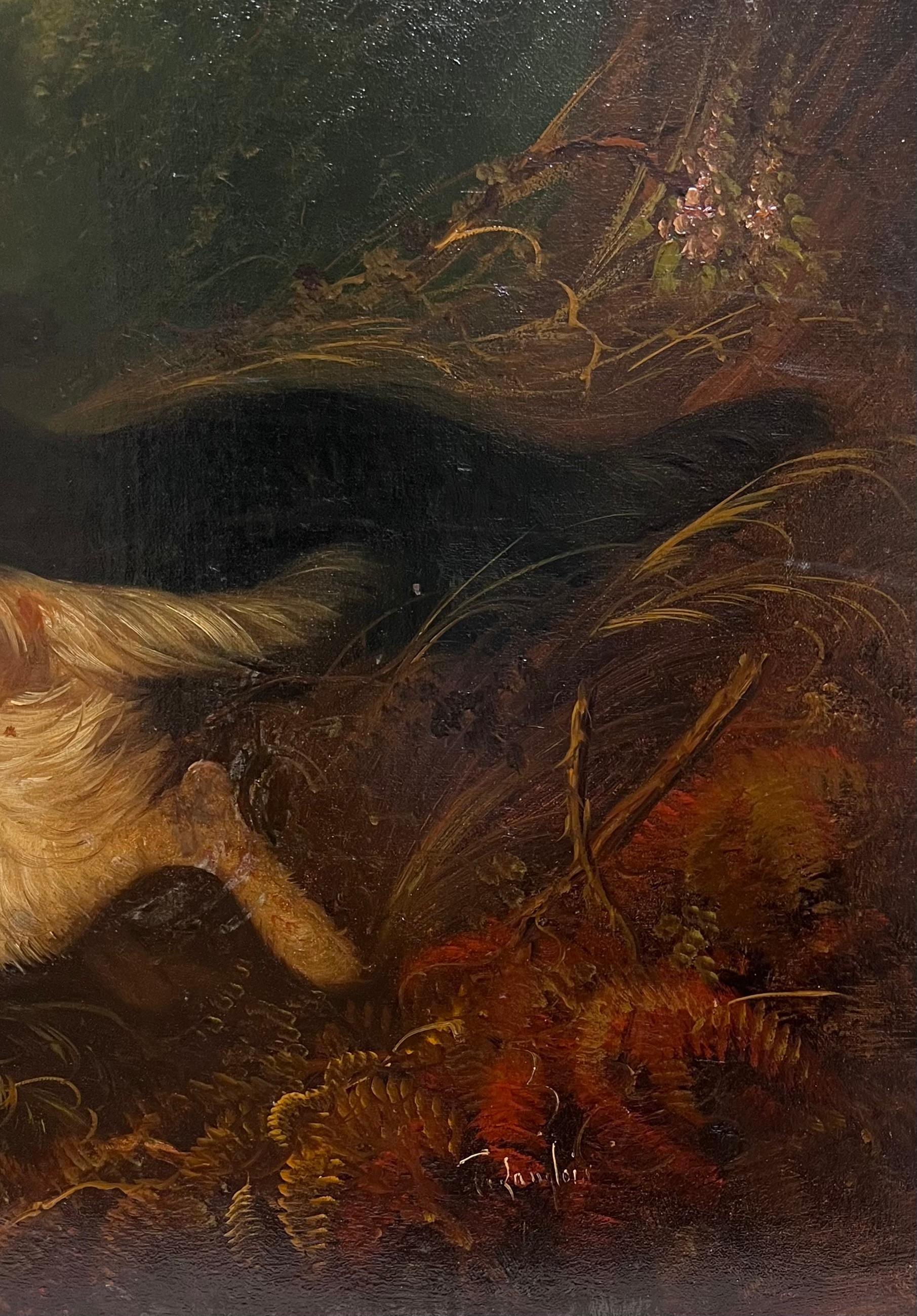 Huge Victorian Sporting Art Oil Painting Spaniels Chasing Pheasant in Woodland For Sale 6