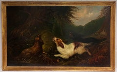 Huge Victorian Sporting Art Oil Painting Spaniels Chasing Pheasant in Woodland