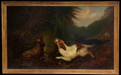 Huge Victorian Sporting Art Oil Painting Spaniels Chasing Pheasant in Woodland
