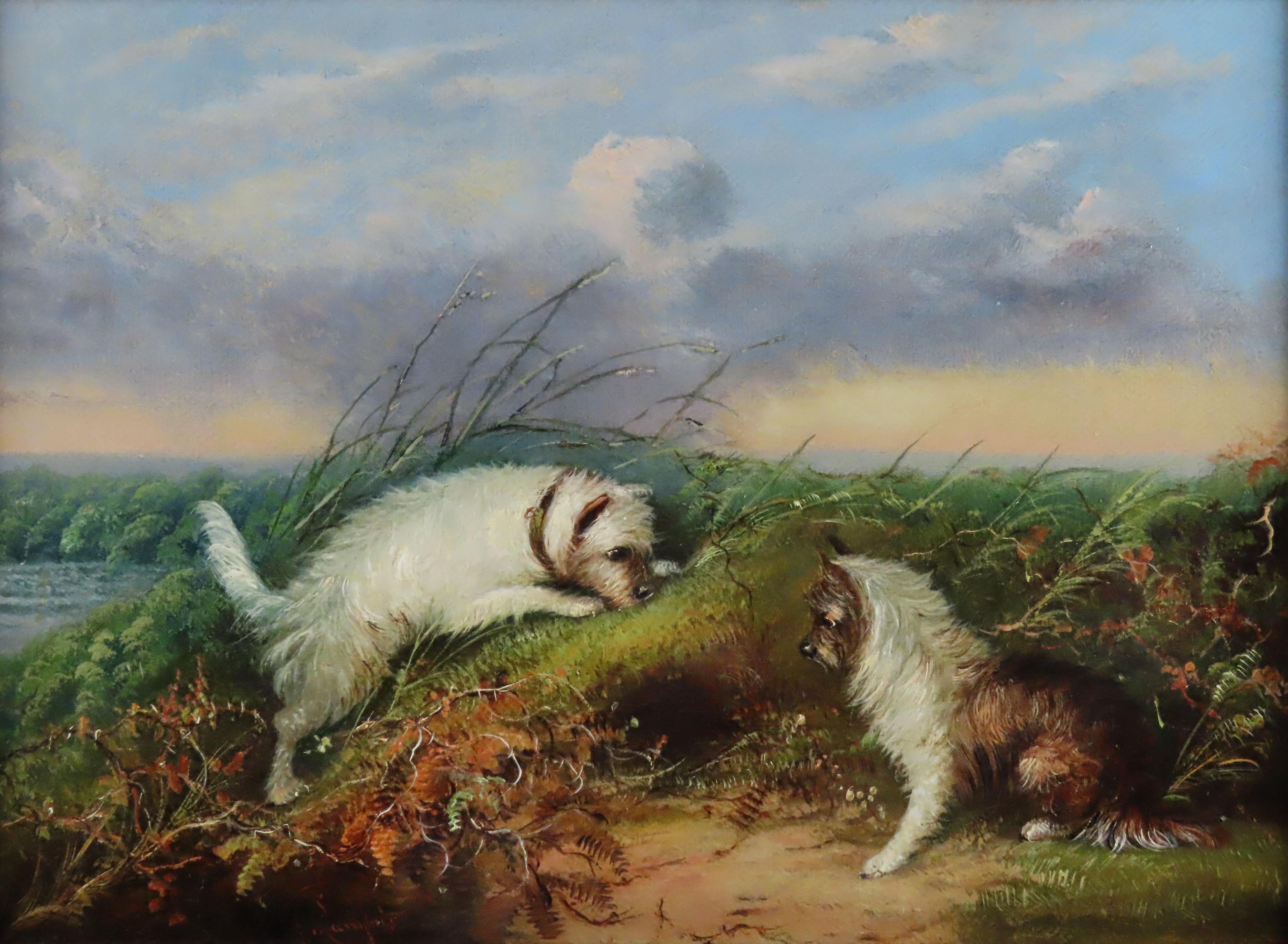 J. Langlois 1855 - 1904
An English painter of working terriers in country settings who enjoyed popularity in the late Victorian era. His work is stylistically and compositionally close to George Armfield, of whom he may have been studio