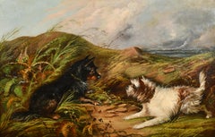 Signed Victorian Oil Painting Terrier Dogs by Rabbit Hole Coastal Sand Dunes