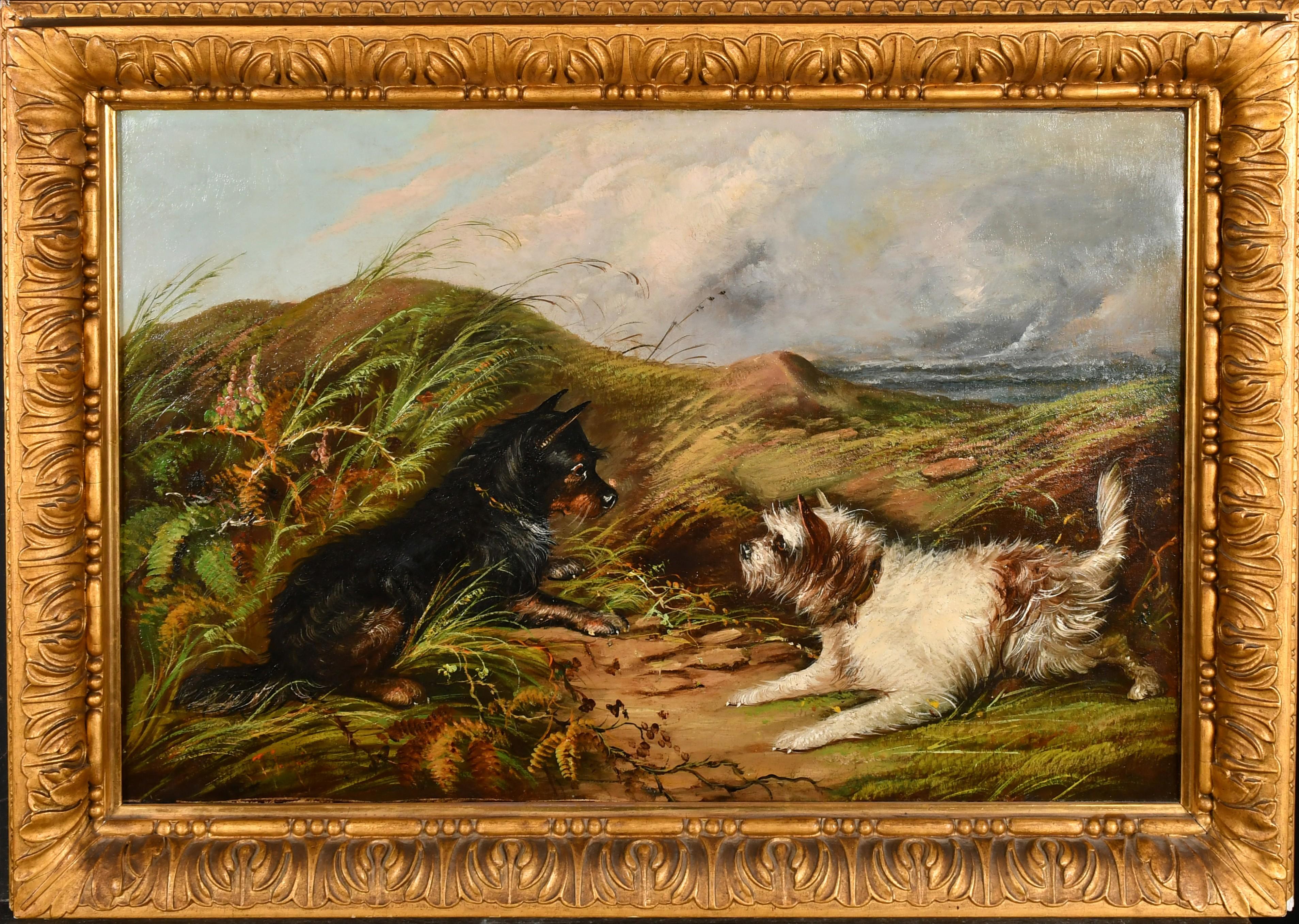 J. Langlois (c. 1855-1904) Landscape Painting - Signed Victorian Oil Painting Terrier Dogs by Rabbit Hole Coastal Sand Dunes