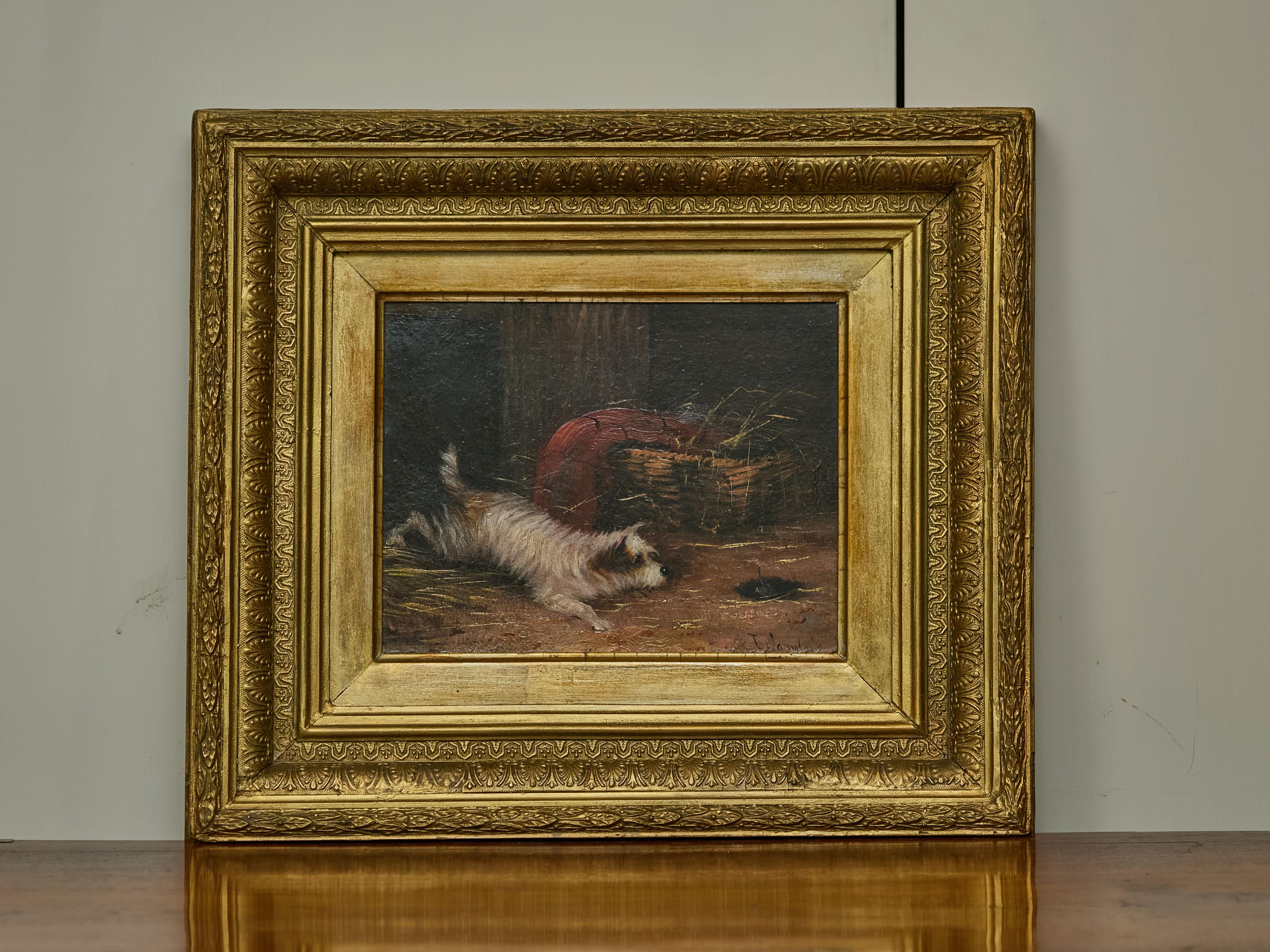 Ein englisches Ölgemälde auf Karton von J. Langlois aus dem 19. Jahrhundert, das einen Terrier darstellt, der eine Maus jagt. Dieses bezaubernde englische Öl-auf-Karton-Gemälde von J. Langlois (1855-1904) aus dem 19. Jahrhundert zeigt eine lebhafte