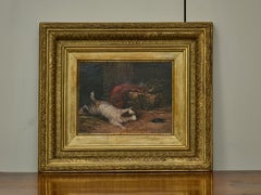 J. Langlois Oil on Board Dog Painting of a Terrier Chasing a Mouse in Gilt Frame