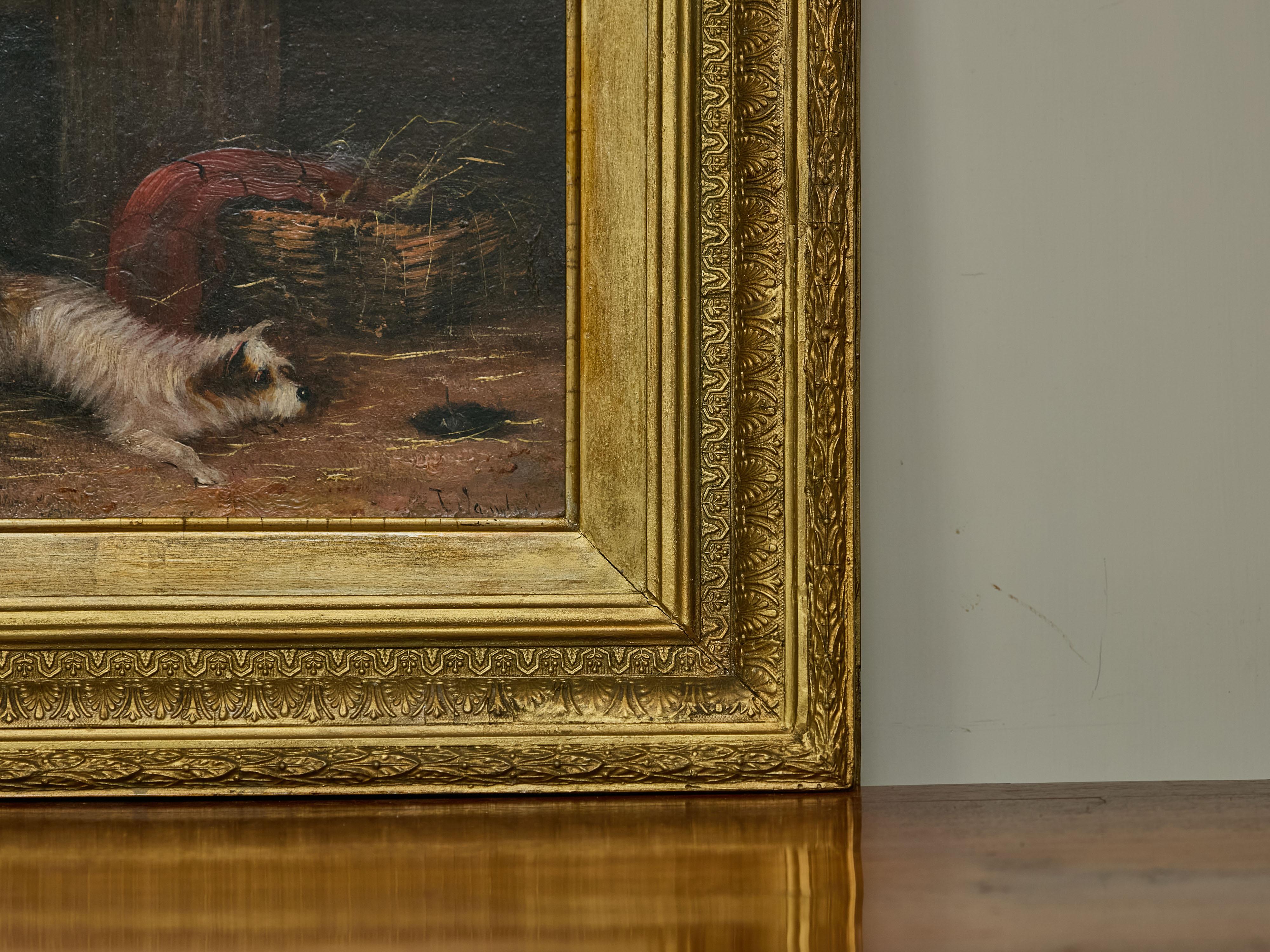 J. Langlois, Ölgemälde auf Karton, Hund, Gemälde eines Terriers, der einen Maus chain, in vergoldetem Rahmen (Vergoldet) im Angebot