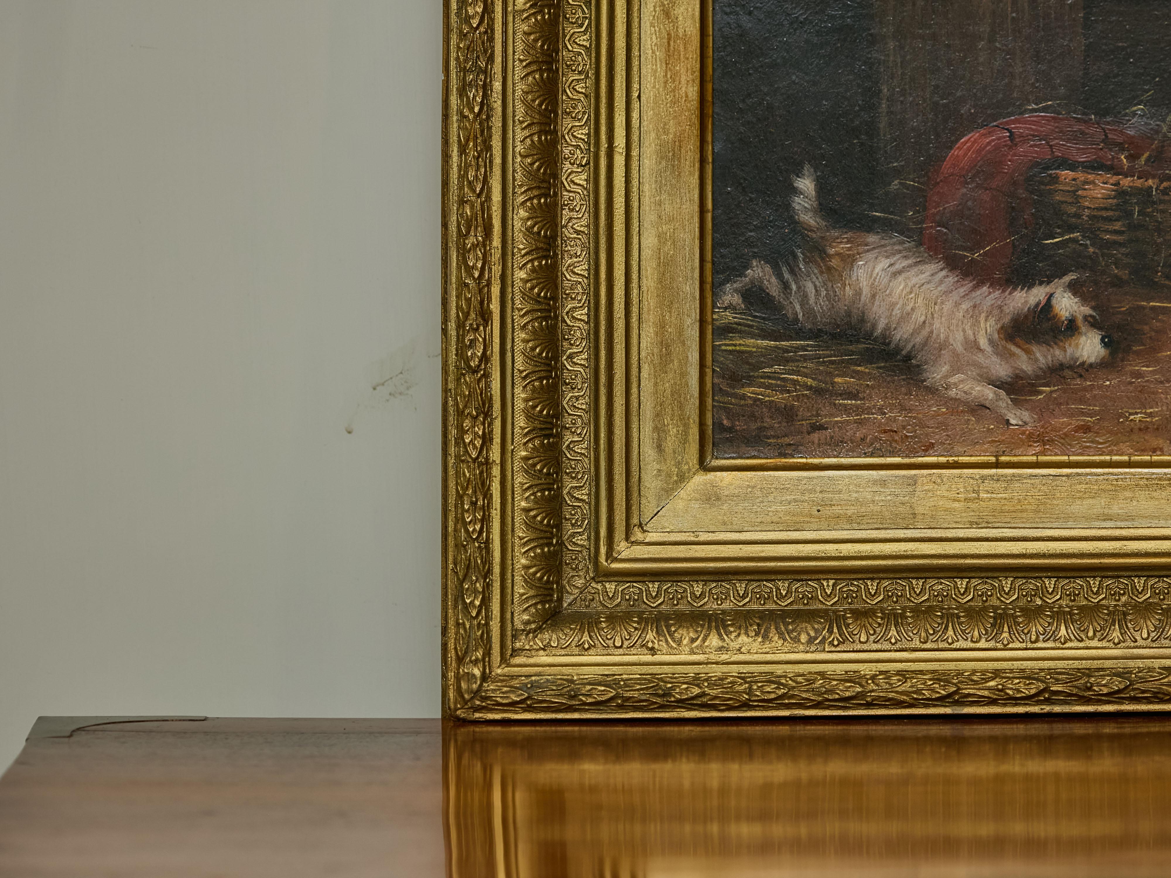 J. Langlois, Ölgemälde auf Karton, Hund, Gemälde eines Terriers, der einen Maus chain, in vergoldetem Rahmen im Zustand „Gut“ im Angebot in Atlanta, GA