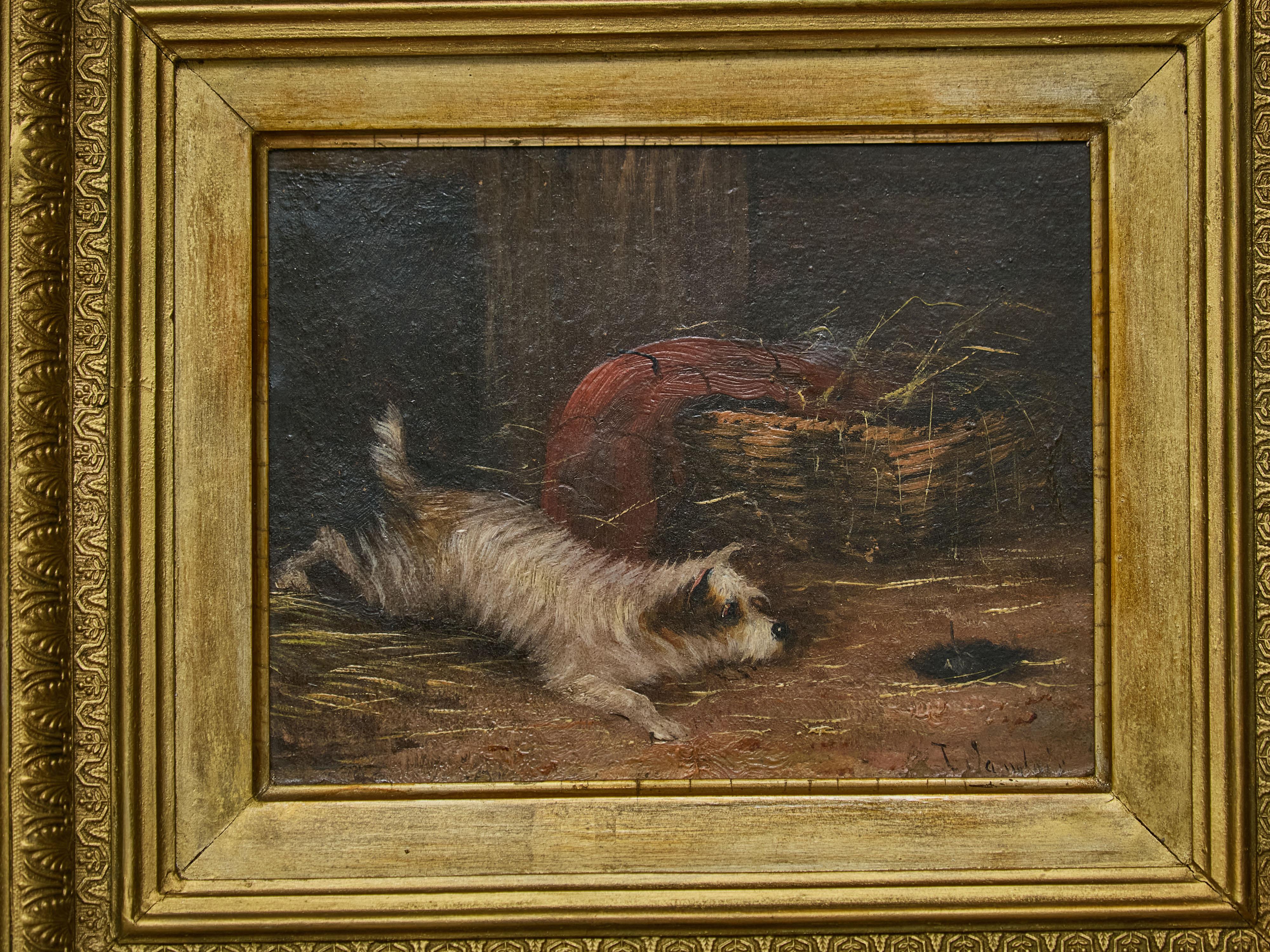 J. Langlois, Ölgemälde auf Karton, Hund, Gemälde eines Terriers, der einen Maus chain, in vergoldetem Rahmen (19. Jahrhundert) im Angebot