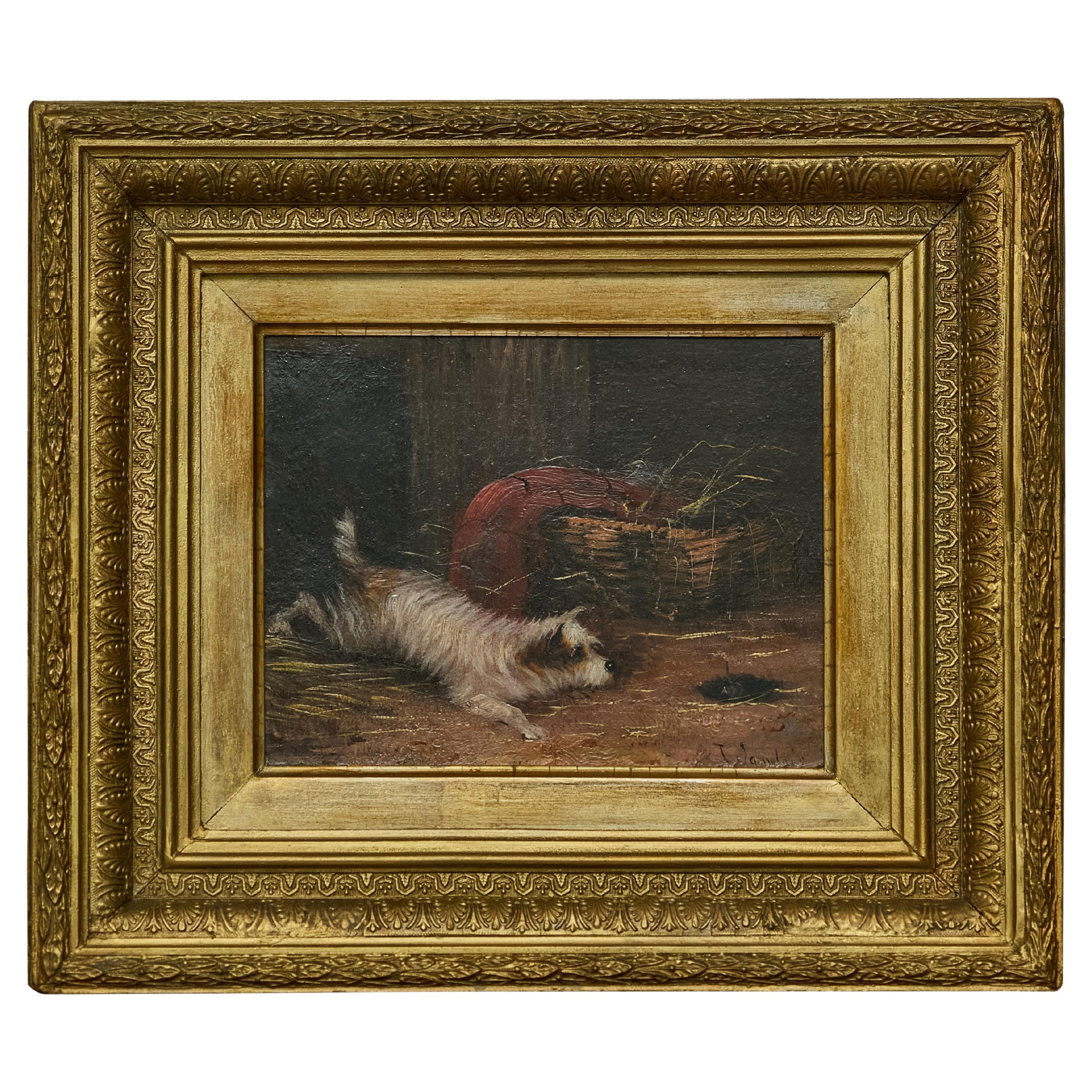 J. Langlois Olio su tavola dipinto di un cane Terrier che insegue un topo in cornice dorata