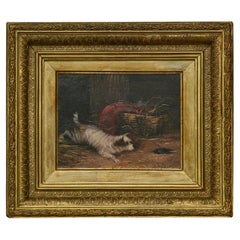 J. Langlois Óleo sobre tabla Pintura de un perro Terrier persiguiendo a un ratón en marco dorado