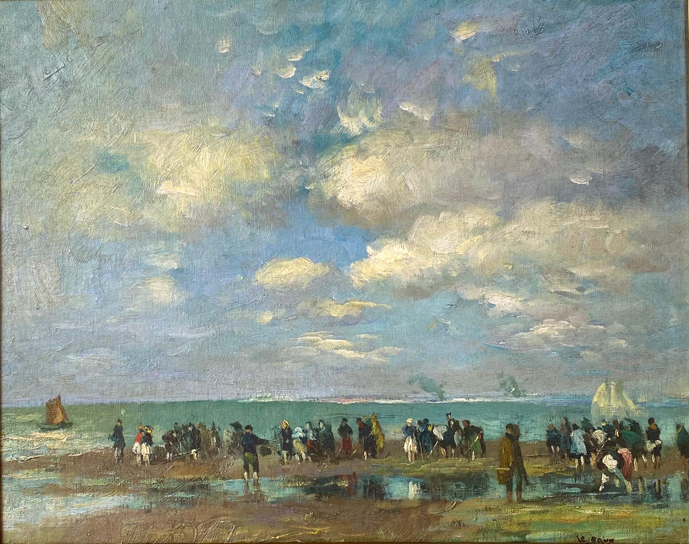 “Figures on the Beach” - Painting by J. Le Saux
