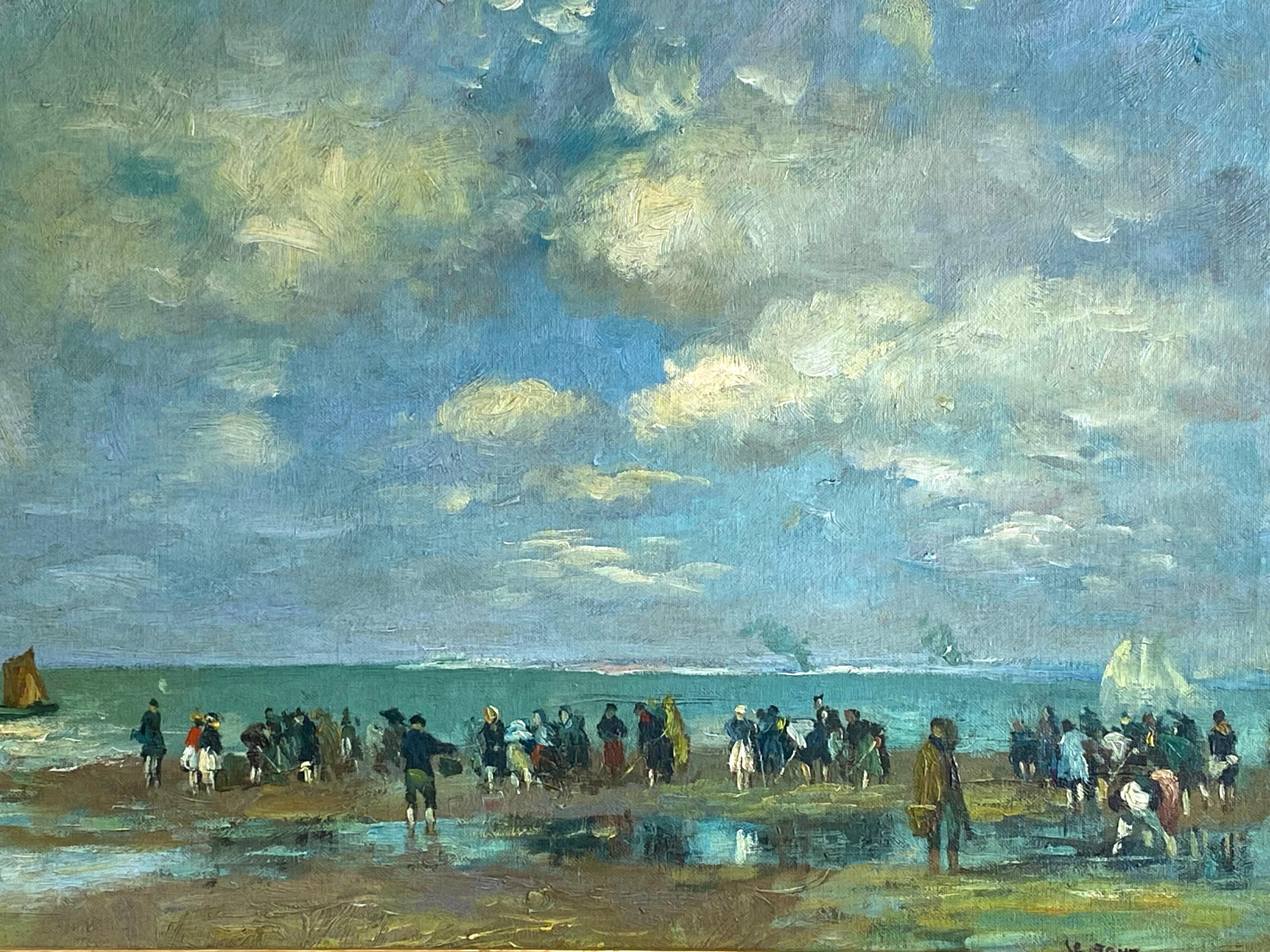 Here for your consideration is a large early 20th century painting a a large varied group of figures looking out to sea on a beach. Oil on wooden panel; circa 1930. Signed “Le Saux” lower right. Condition is excellent. The painting is housed in an