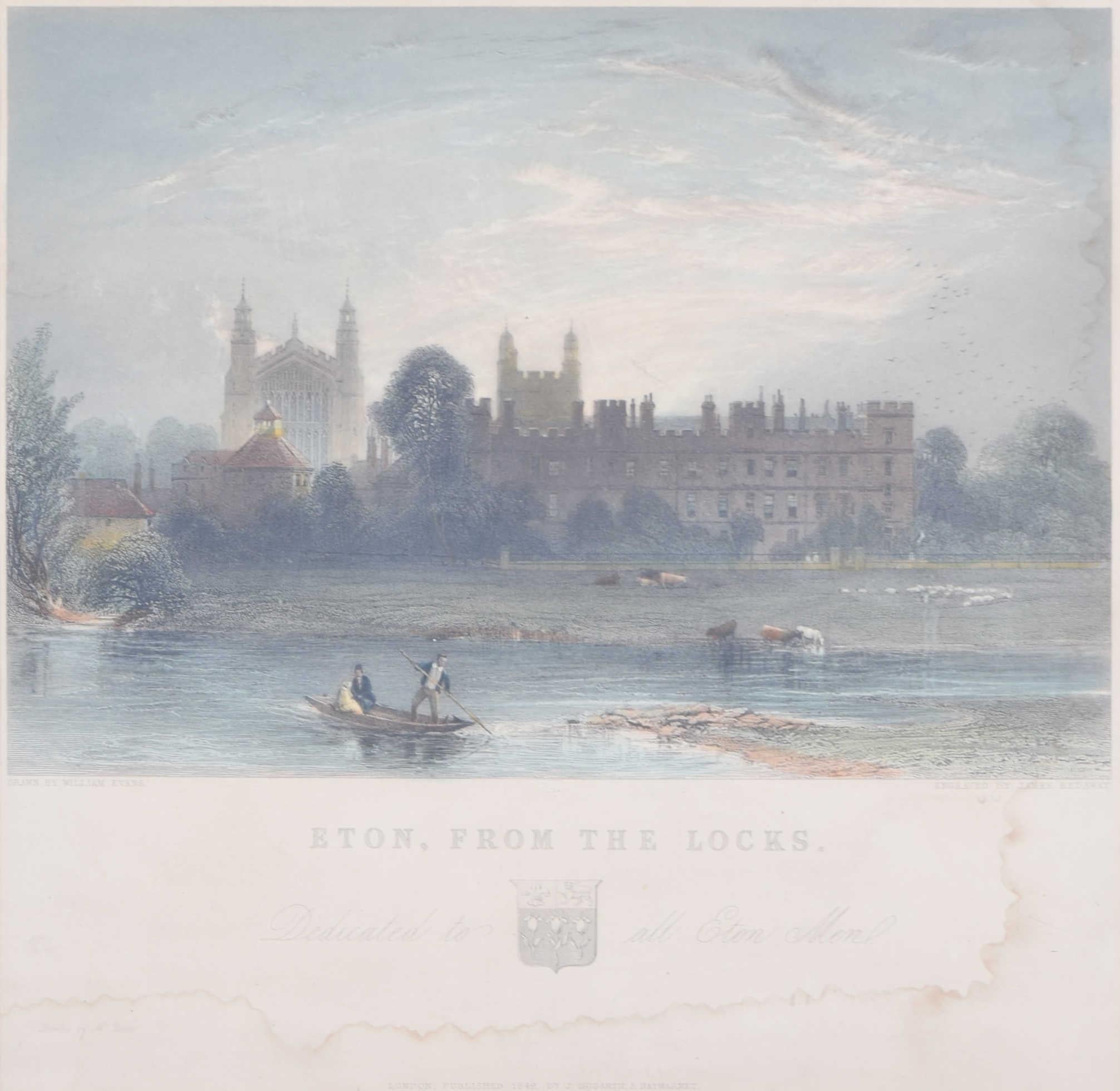 J Lewis Landscape Painting - Eton from the Locks 19th century hand-coloured engraving by James Redaway