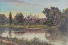Antique J Lewis: 'Eton College from the River' oil painting