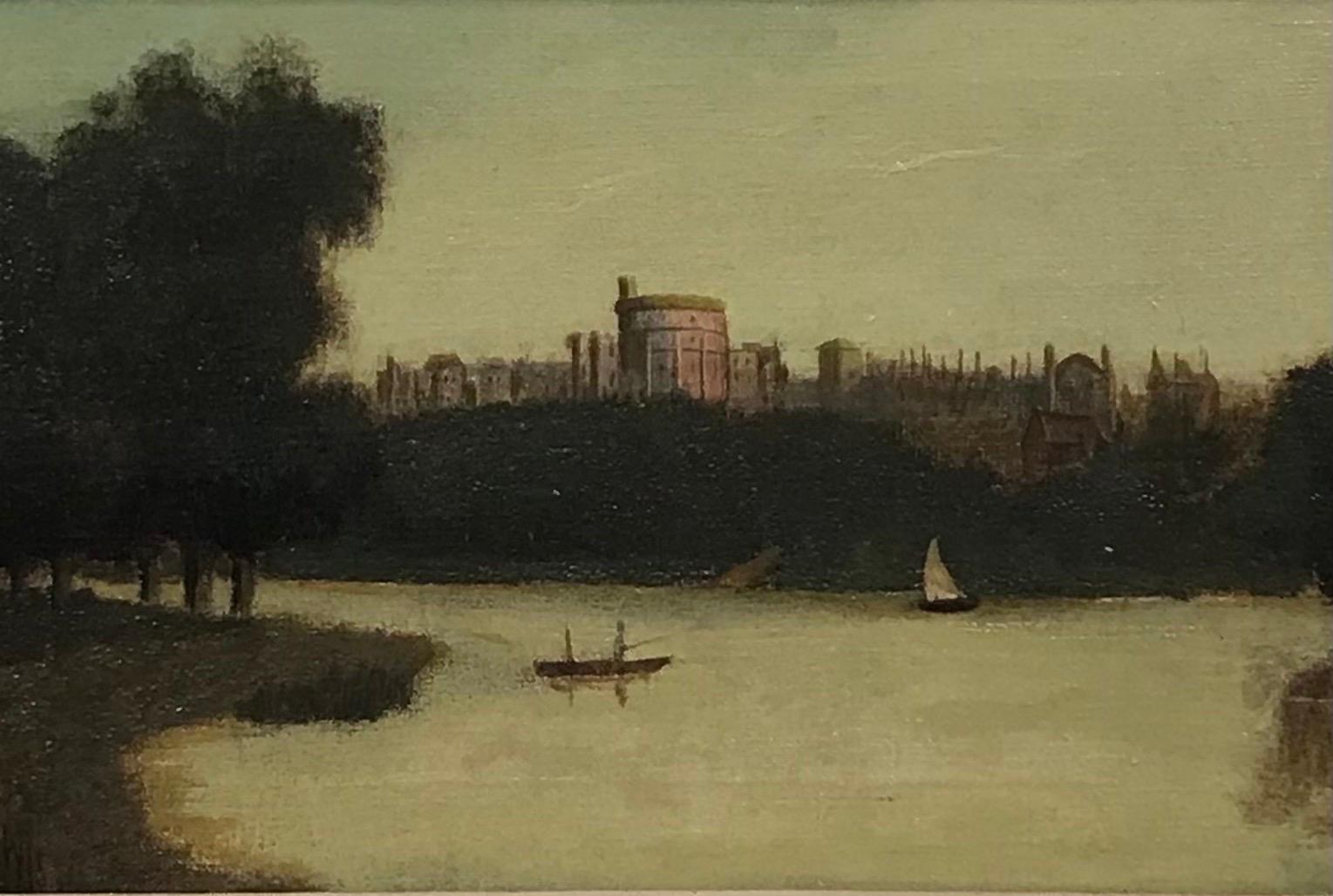 Artist/ School: by J. Lewis, British late 19th century, signed lower left corner

Title: Windsor Castle at Sunset, viewed from the River Thames

Medium: oil on canvas, framed

Framed: 12.75 x 16.5 inches
Canvas: 8 x 12 inches

Provenance: private