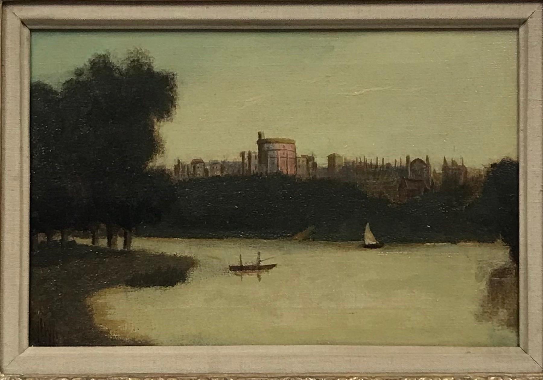 Castello di Windsor dal Tamigi, dipinto a olio vittoriano firmato, incorniciato - Painting Vittoriano di J. Lewis