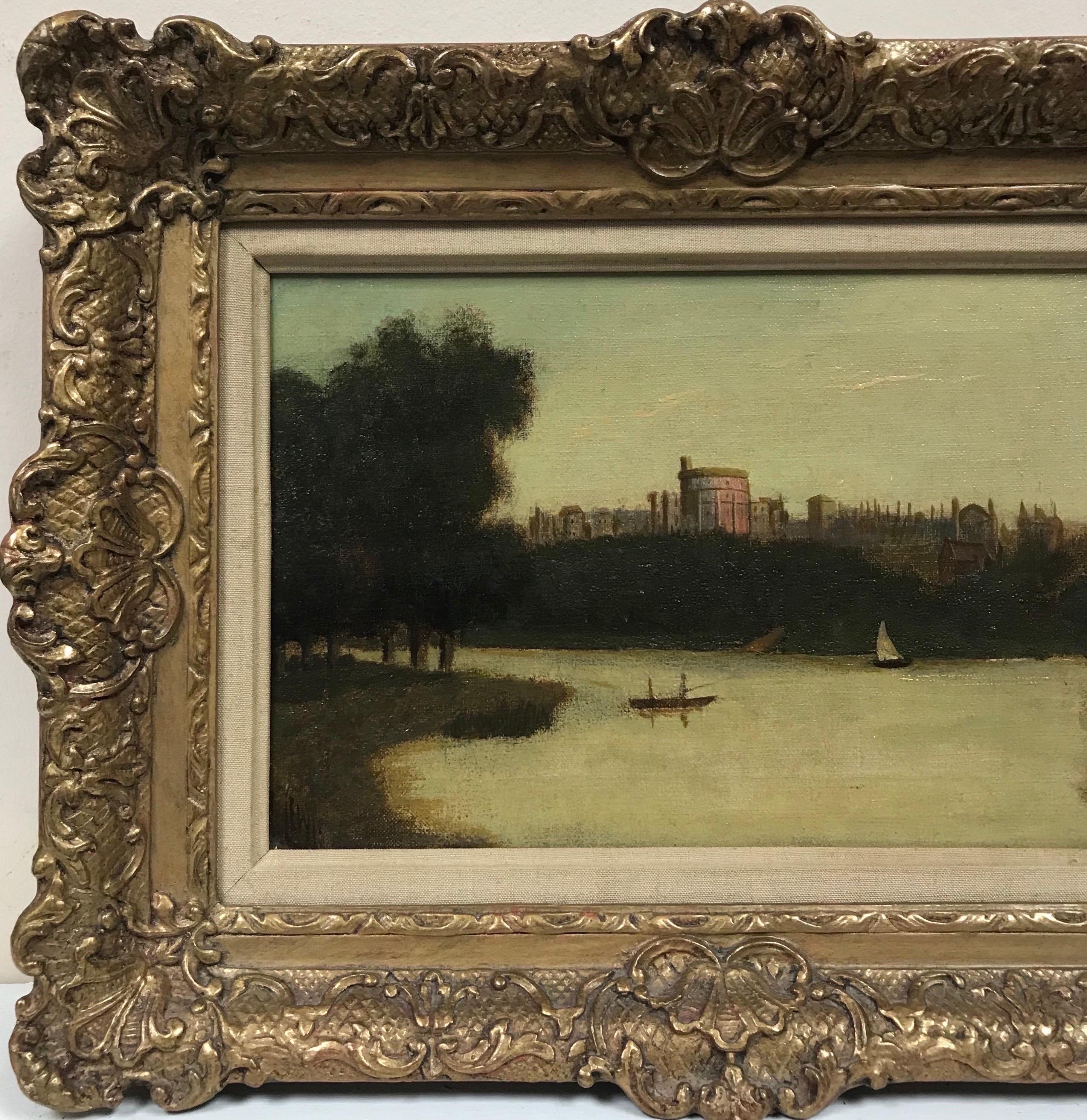 Castello di Windsor dal Tamigi, dipinto a olio vittoriano firmato, incorniciato - Landscape Painting Marrone di J. Lewis