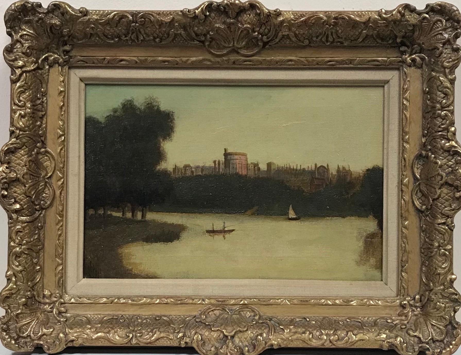 Landscape Painting di J. Lewis - Castello di Windsor dal Tamigi, dipinto a olio vittoriano firmato, incorniciato