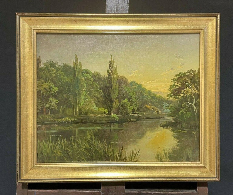 Antique English Oil Painting - The River Thames at Golden Hour Sunset  - Brown Landscape Painting by J. Lewis