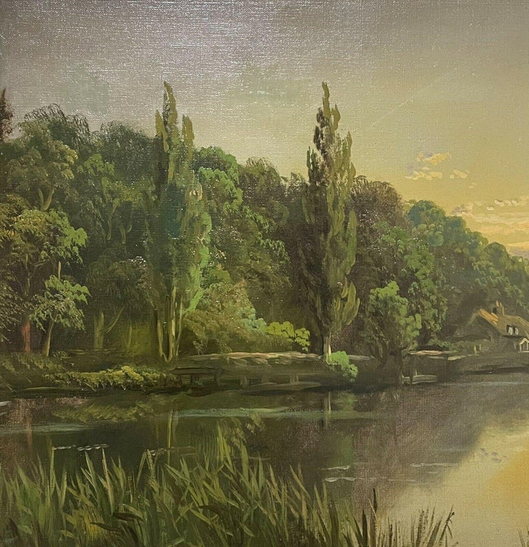 Artist/ School: J. Lewis (1852-1942)

Title: The Thames at Sunset

Medium: oil painting on canvas, framed.

Size:        frame: 19.75 x 23.75 inches 
            painting: 17 x 21 inches

Provenance: from a private collection of this artists work in