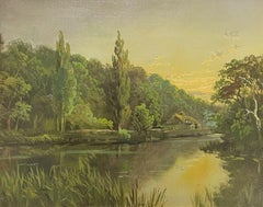 Antique English Oil Painting - The River Thames at Golden Hour Sunset 