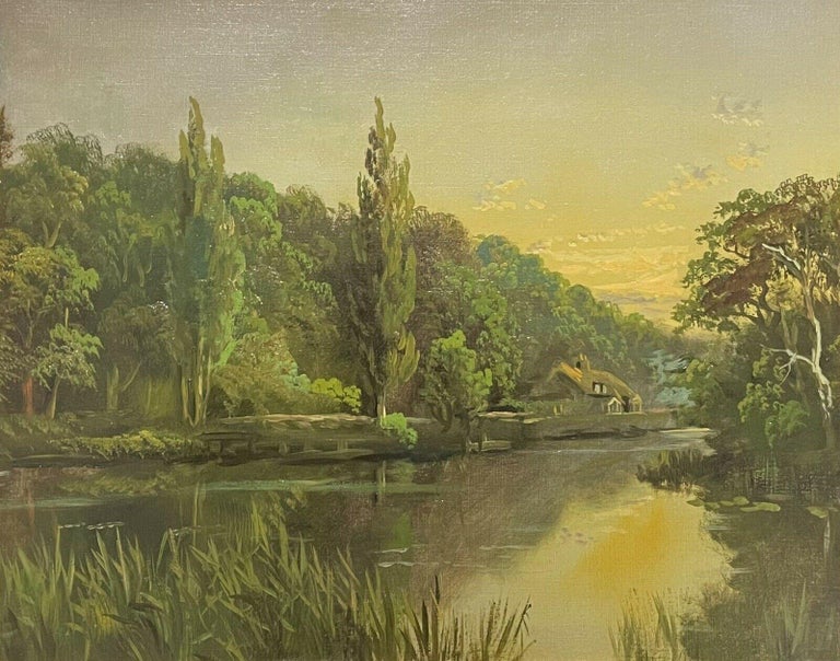 J. Lewis Landscape Painting - Antique English Oil Painting - The River Thames at Golden Hour Sunset 