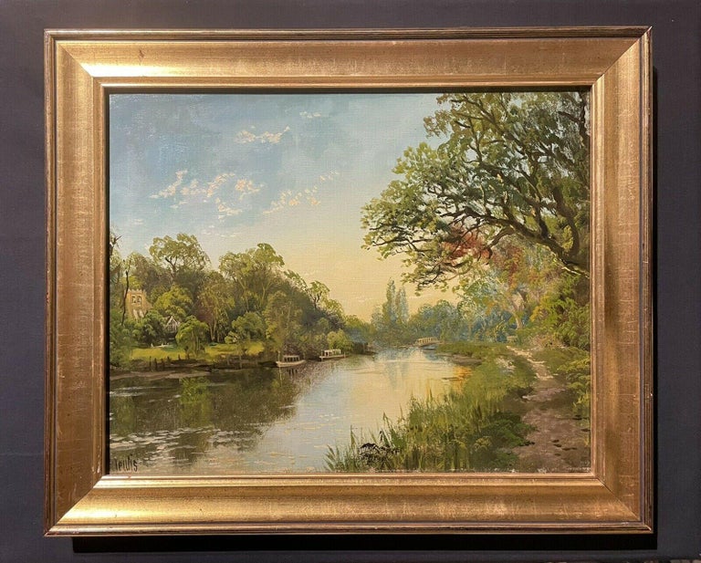 Antique English Signed Oil Painting - The River Thames at Golden Hour Sunset  - Brown Landscape Painting by J. Lewis