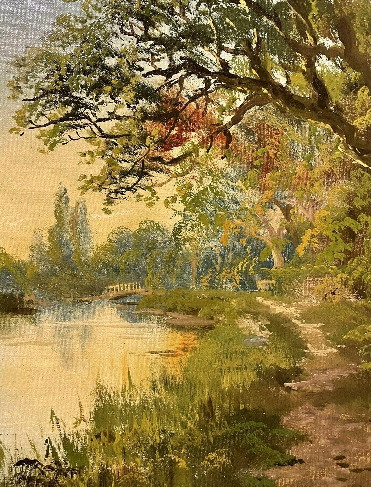 Antique English Signed Oil Painting - The River Thames at Golden Hour Sunset - Brown Landscape Painting by J. Lewis