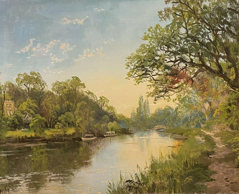 J. Lewis Landscape Painting - Antique English Signed Oil Painting - The River Thames at Golden Hour Sunset 