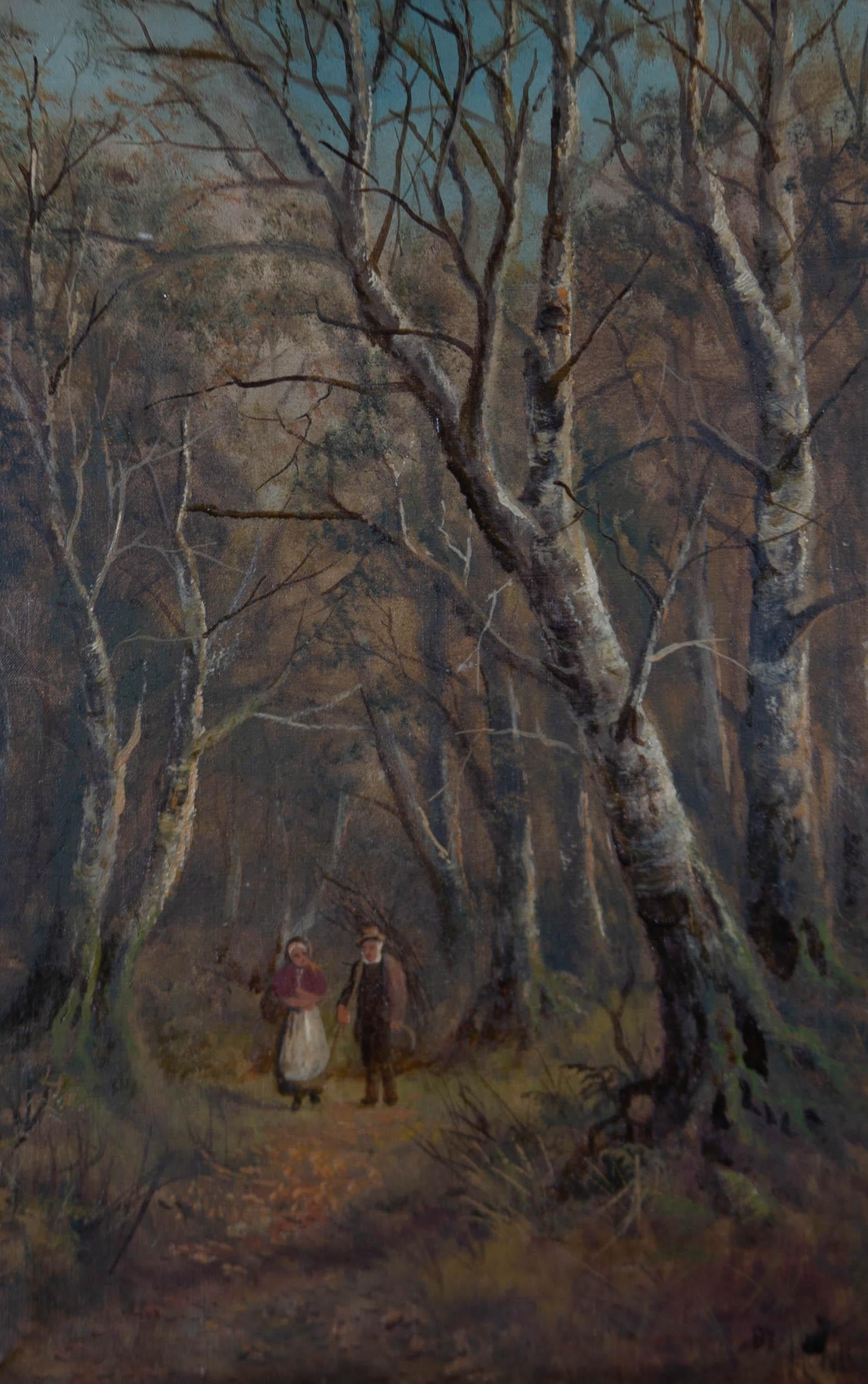 A woodland scene with two figures walking on a path through the trees. Signed to the lower-right corner. On canvas on stretchers.
