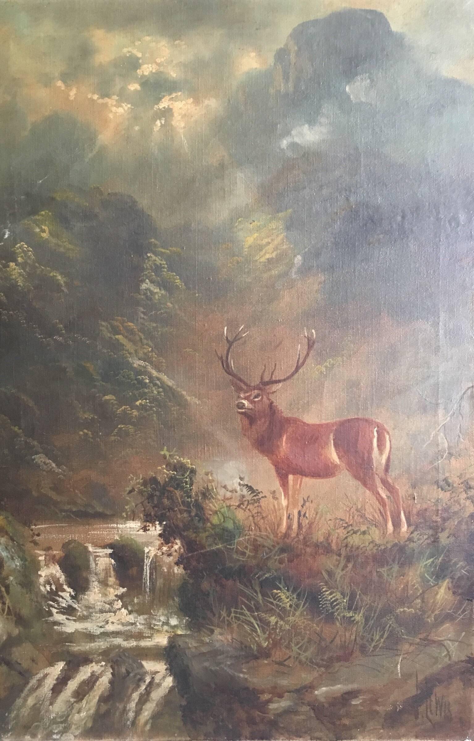 J. Lewis Landscape Painting - Monarch of the Glen, Highland Stag, Antique Oil Painting 