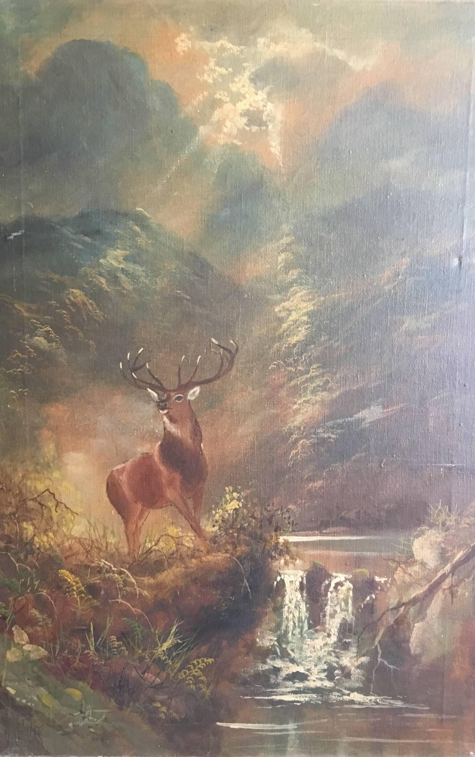 J. Lewis Landscape Painting - Monarch of the Glen, Highland Stag, Antique Scottish Oil Painting 