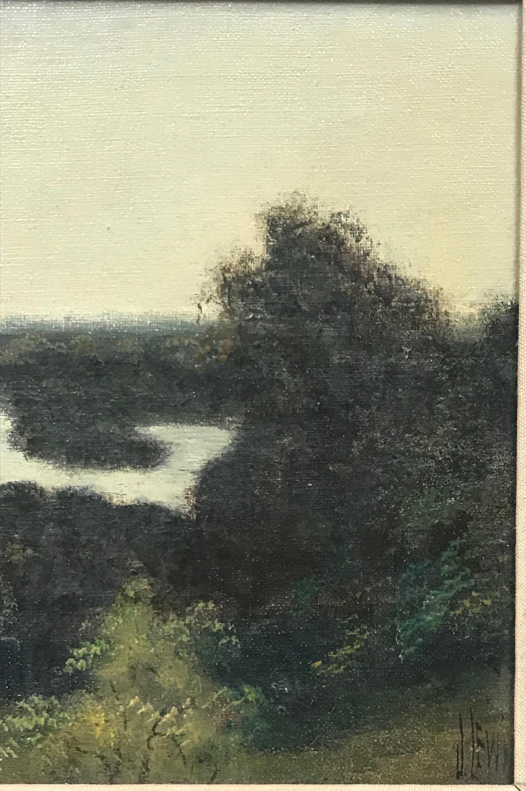 El río Támesis en Richmond, fina pintura al óleo victoriana Impresionante marco dorado - Landscape Painting Marrón de J. Lewis