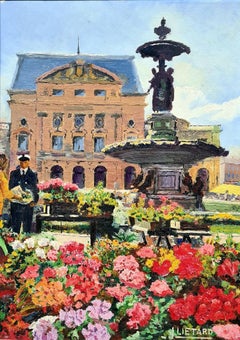 Peinture à l'huile romantique encadrée des années 1960 représentant le marché aux fleurs et le théâtre de Cherbourg