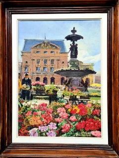 Peinture à l'huile romantique encadrée des années 1960 représentant le marché aux fleurs et le théâtre de Cherbourg