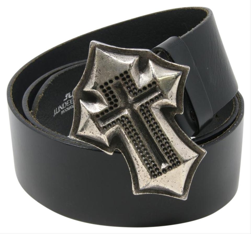 J. Lindeberg Black Cross Leather Strap Men's Belt In Good Condition For Sale In Downey, CA