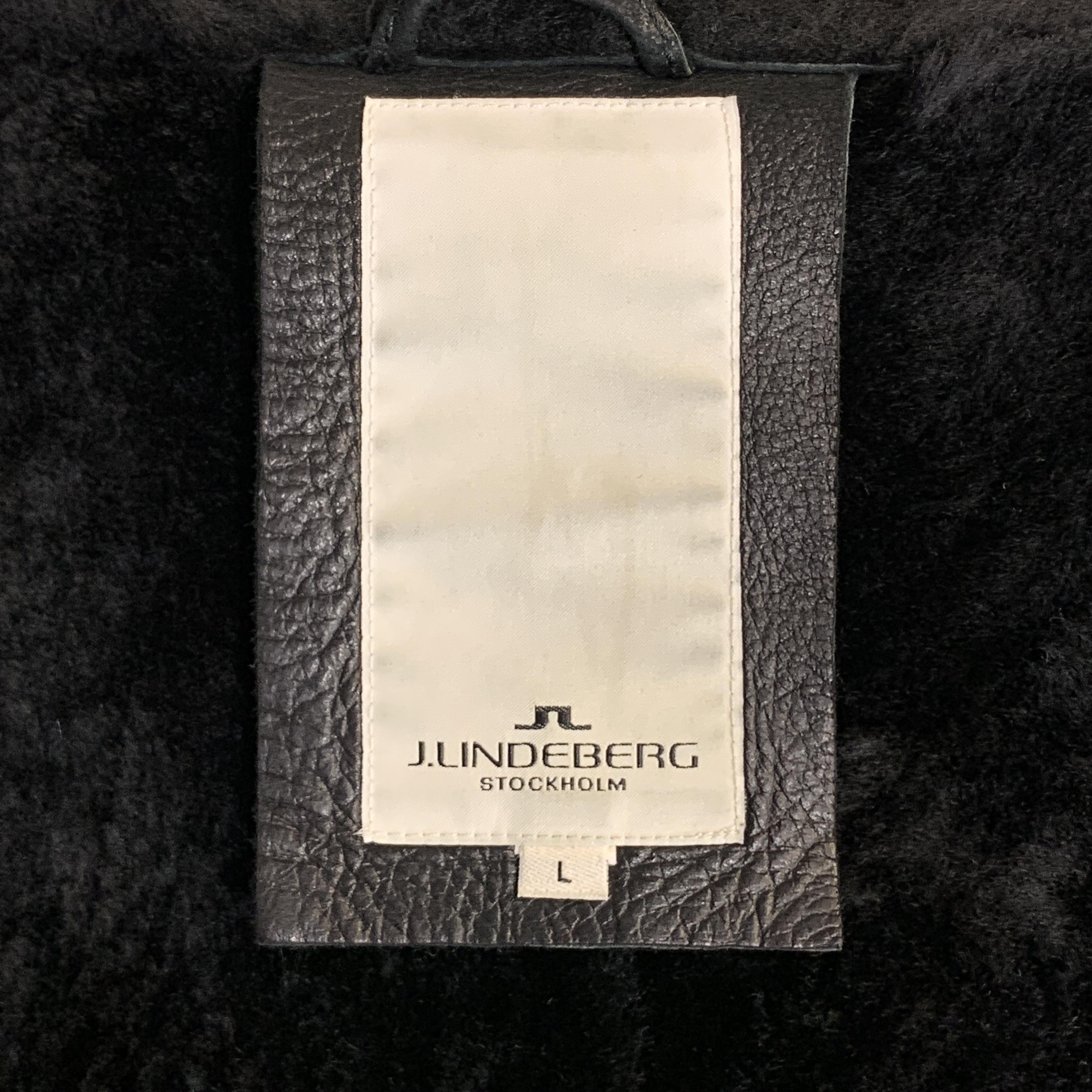 J. LINDEBERG L Black Shearling Collared Snap Pockets Leather Jacket 1