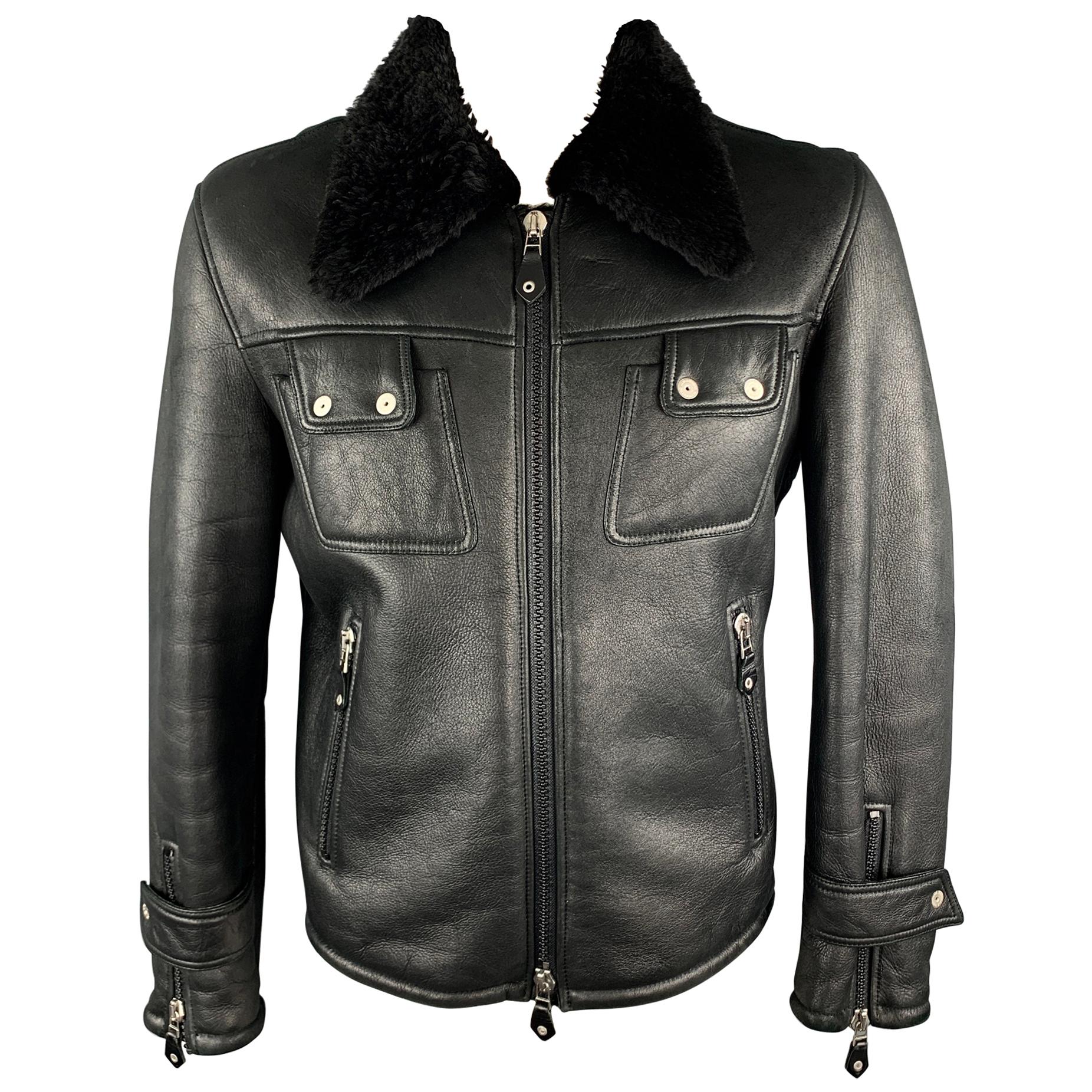 J. LINDEBERG L Black Shearling Collared Snap Pockets Leather Jacket