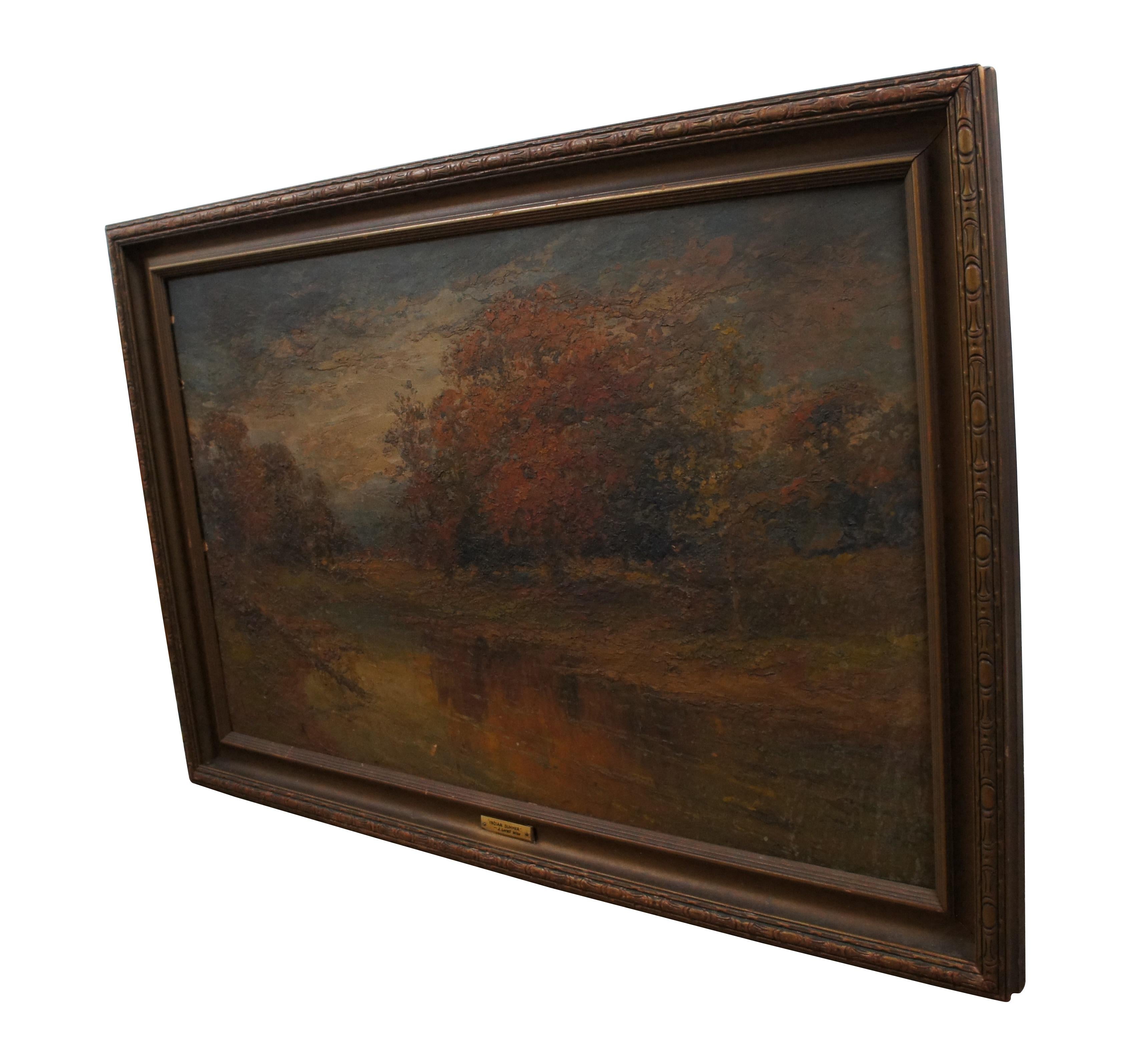 Early 20th century oil on canvas impressionist landscape painting of autumn trees along a river, titled 
