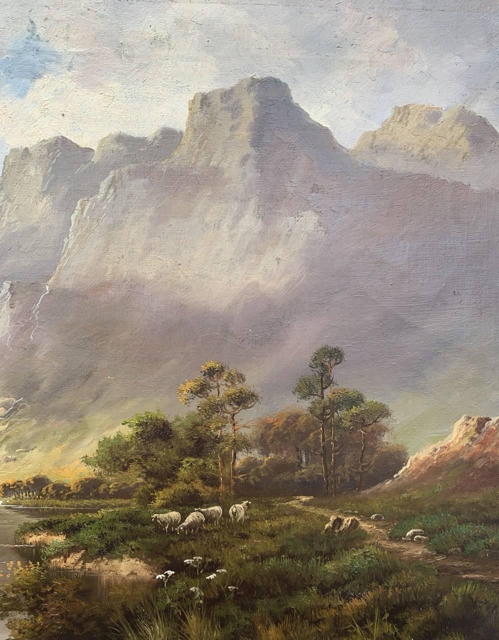 J. M. A&M (britannique, début du XXe siècle) - Paysage de montagne avec lac et moutons.

51 x 76 cm.

Ancienne peinture à l'huile sur toile, non encadrée.

- Signé en bas à gauche : 