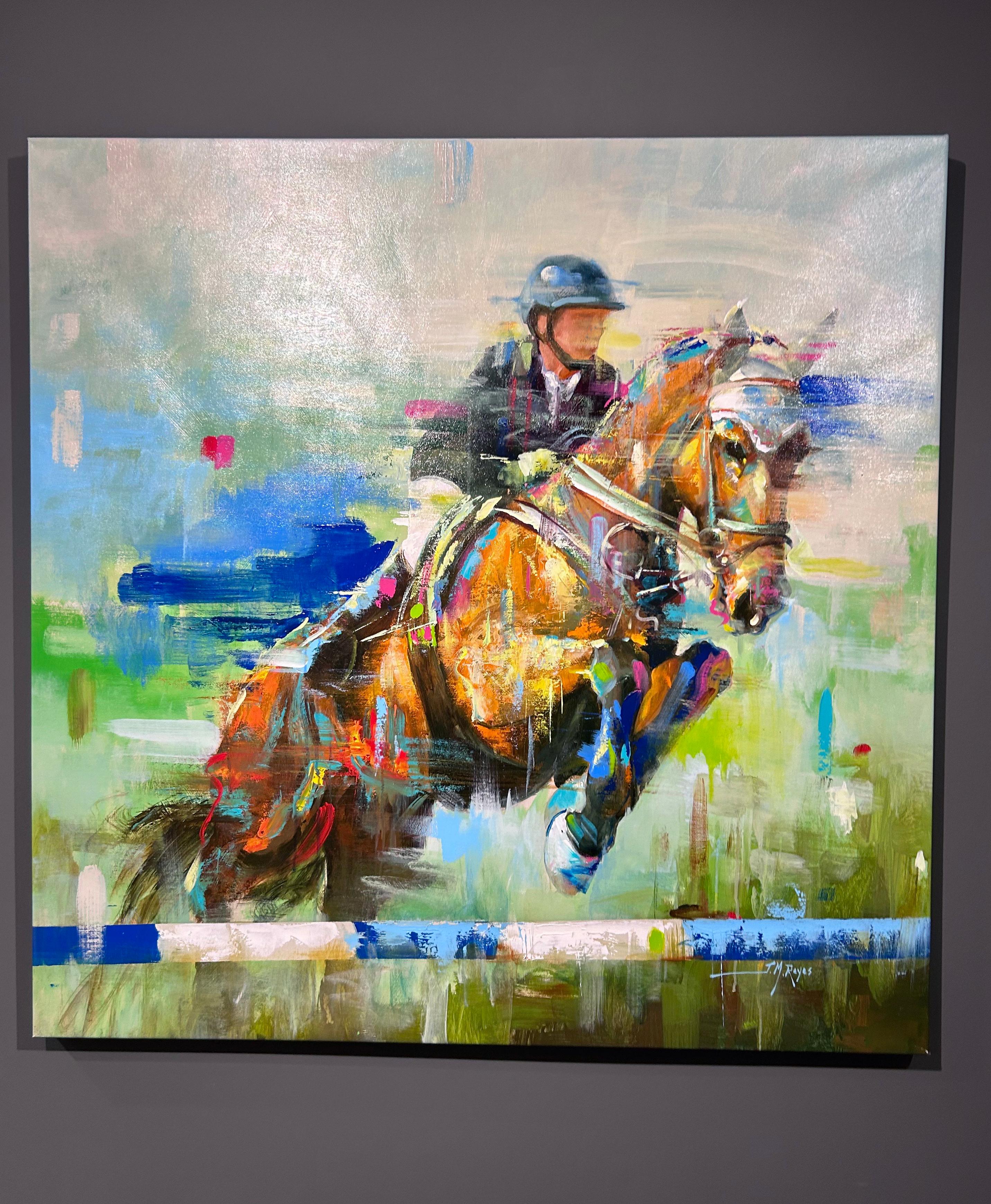 J.M. Reyes, „Clean Round“, 47x47, farbenfrohes Ölgemälde mit Equine-Pferd Dressage – Painting von J. M. Reyes