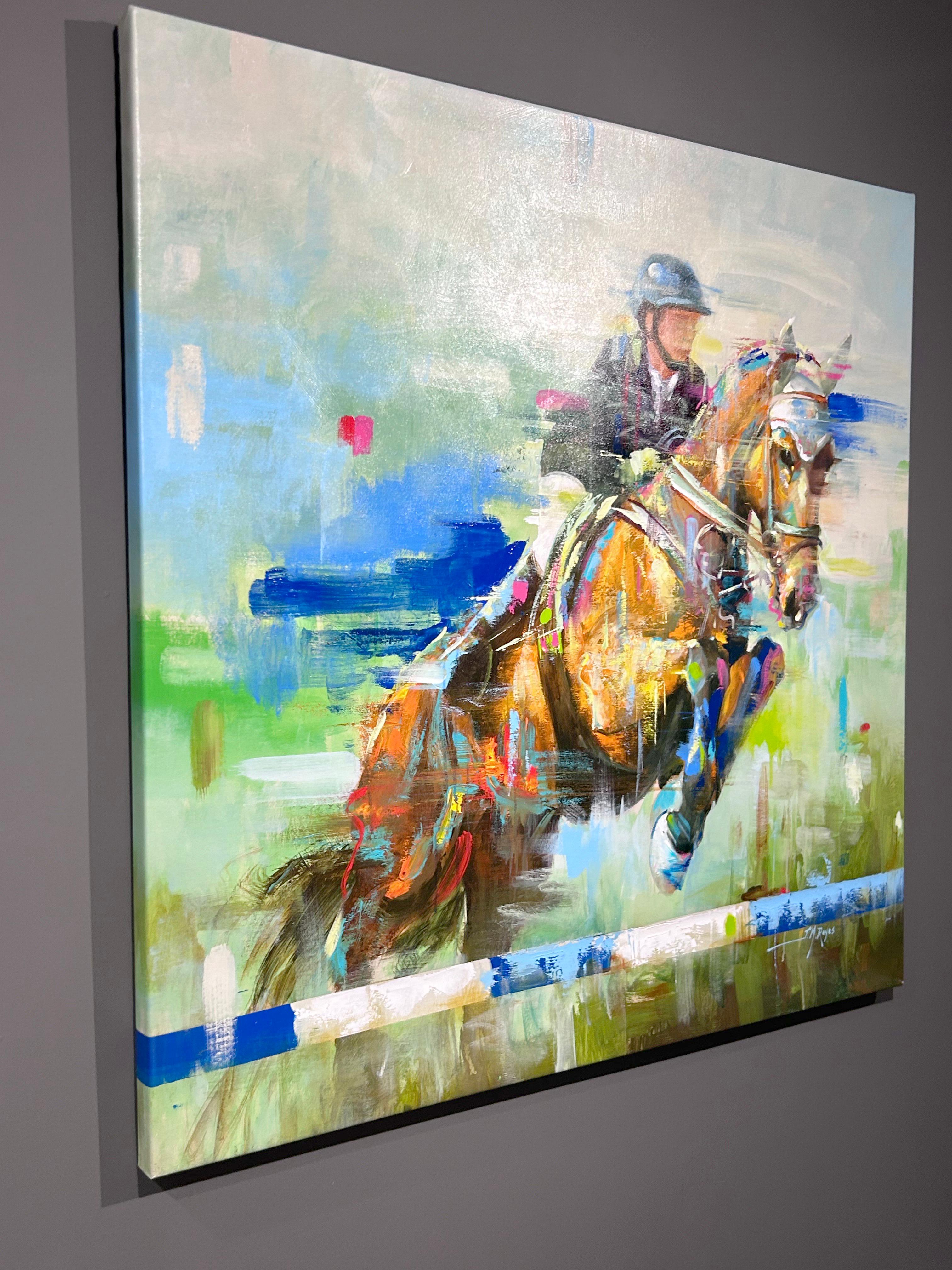 J.M. Reyes, „Clean Round“, 47x47, farbenfrohes Ölgemälde mit Equine-Pferd Dressage (Grau), Figurative Painting, von J. M. Reyes