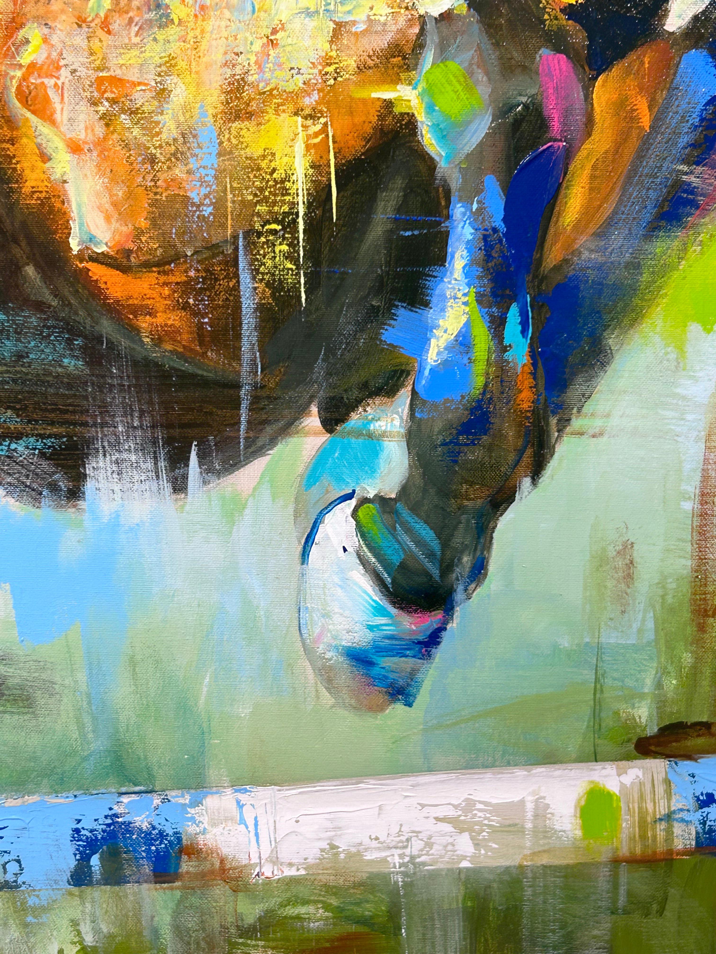 J.M. Reyes, „Clean Round“, 47x47, farbenfrohes Ölgemälde mit Equine-Pferd Dressage im Angebot 1