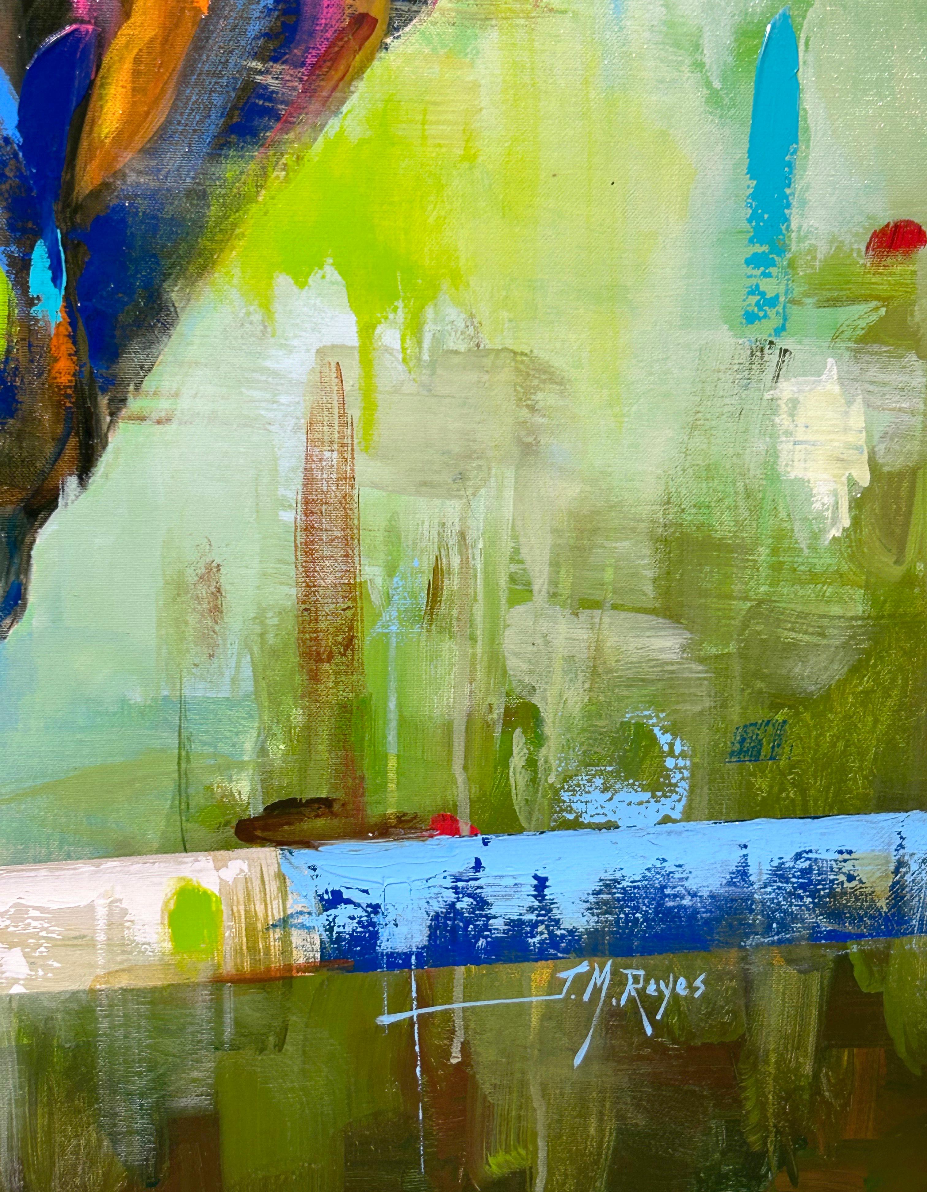 J.M. Reyes, „Clean Round“, 47x47, farbenfrohes Ölgemälde mit Equine-Pferd Dressage im Angebot 2