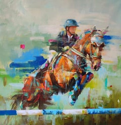 J.M. Reyes, "Ronda Limpia", 47x47 Pintura al óleo de doma equina de colores